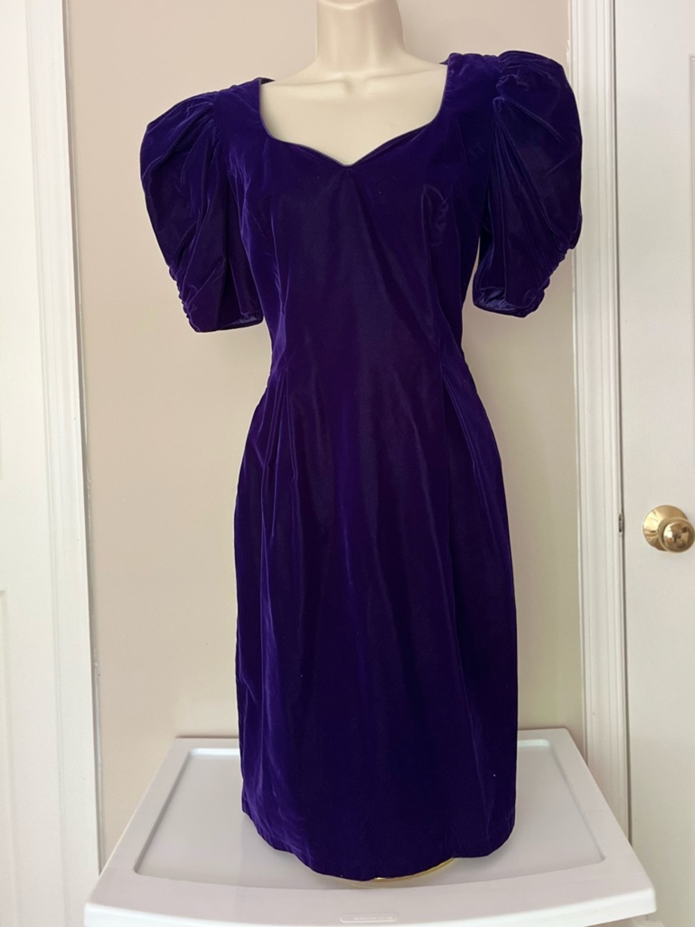 Vintage Midnight Glo Dark Purple Velvet Dress with puff sleeves 1980s